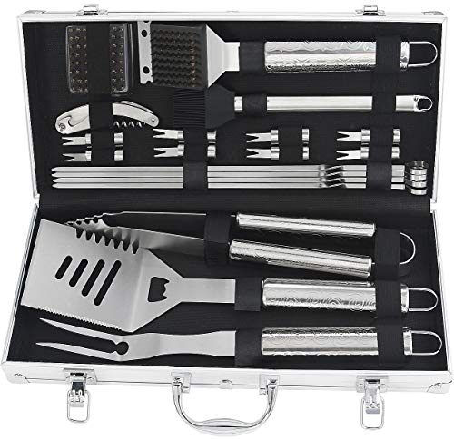 ROMANTICIST 20pcs Stainless Steel BBQ Tool Set Complete Outdoor Barbecue Grilling Accessories in Aluminum Storage Case Premium Grilling Accessories for Men Dad Birthday Gift 