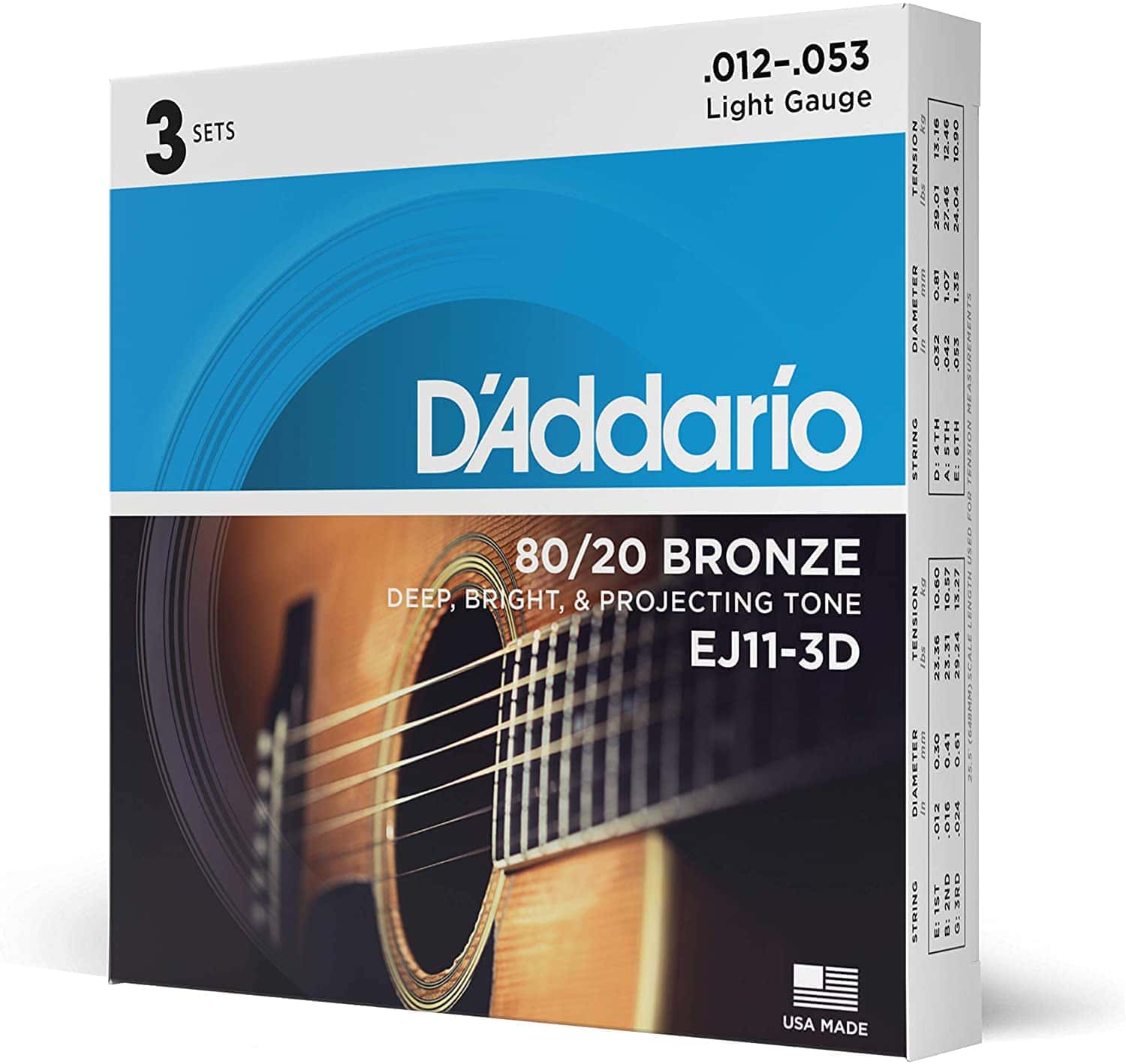 D'Addario EJ11-3D 80:20 Bronze Acoustic Guitar Strings