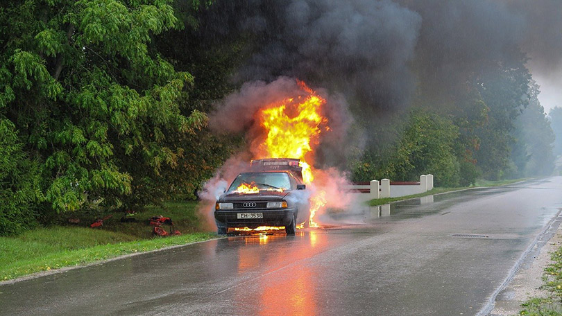 a car caught fire due to an accident