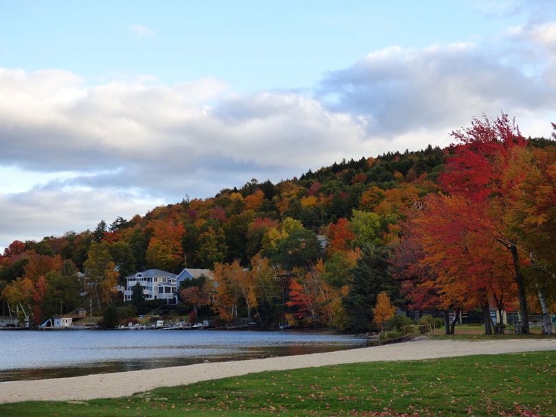 pretty autumn scene from Lake Sunapee beach, New Hampshire