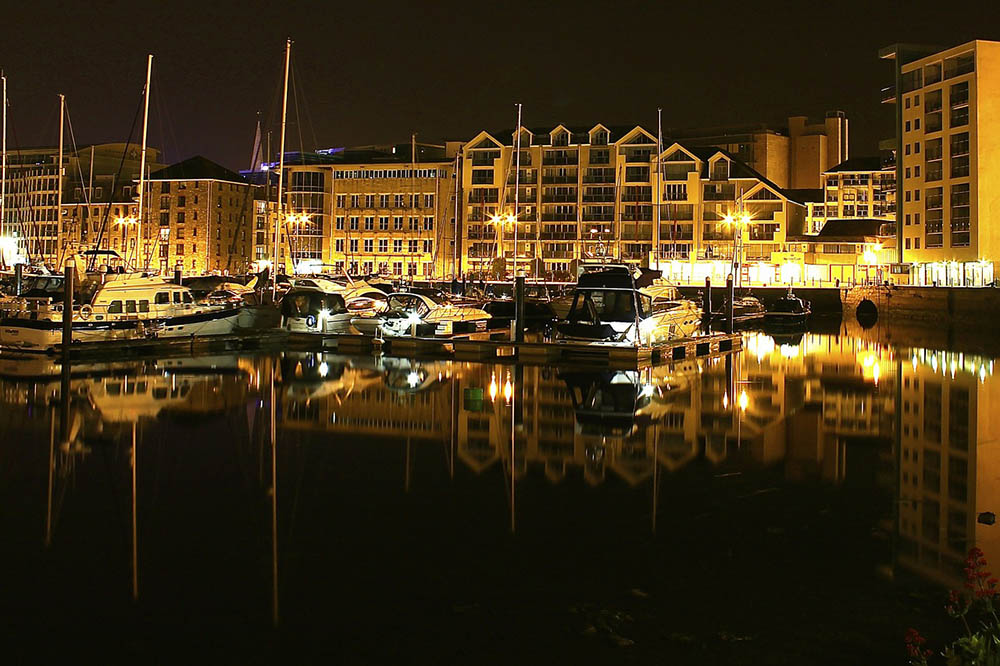 harbour in Plymouth, England at night