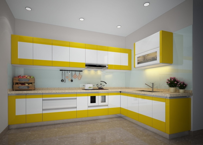 yellow and white kitchen cabinet