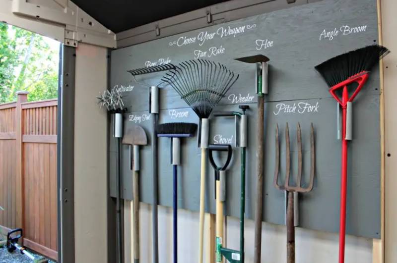 DIY garden tool storage wall