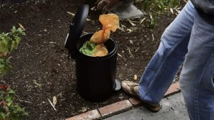 person throwing dog poop bags on Premium Dog Waste Trash Can