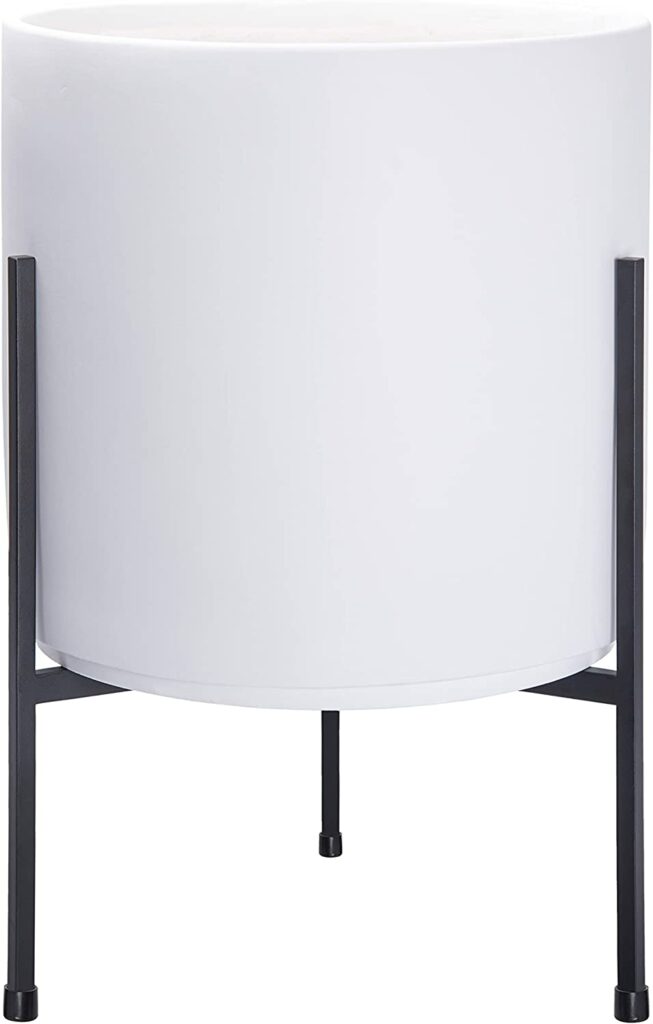 Modern White Plants Pot Cylinder Planter with Heavy Duty Stand