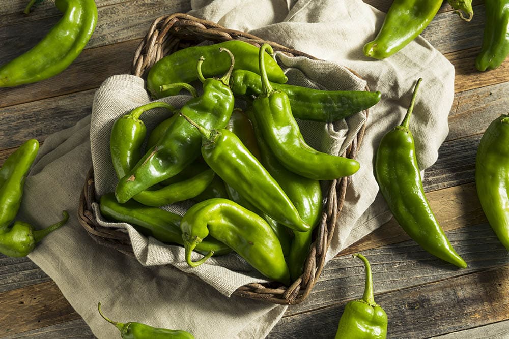 Hatch chili peppers on a basket