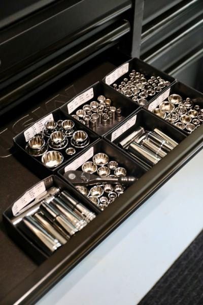 DIY Tool Drawer Organizer With Scrapbook Paper- Socket Ratchet Set Organizer