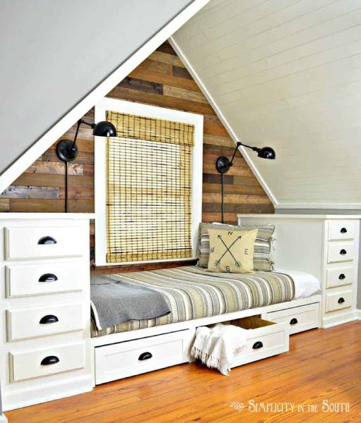 How to Make a Built-in Bed Using Kitchen Cabinets & a Rustic Planked Wall