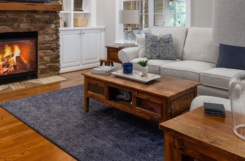 brown wooden farmhouse coffee table in the living room