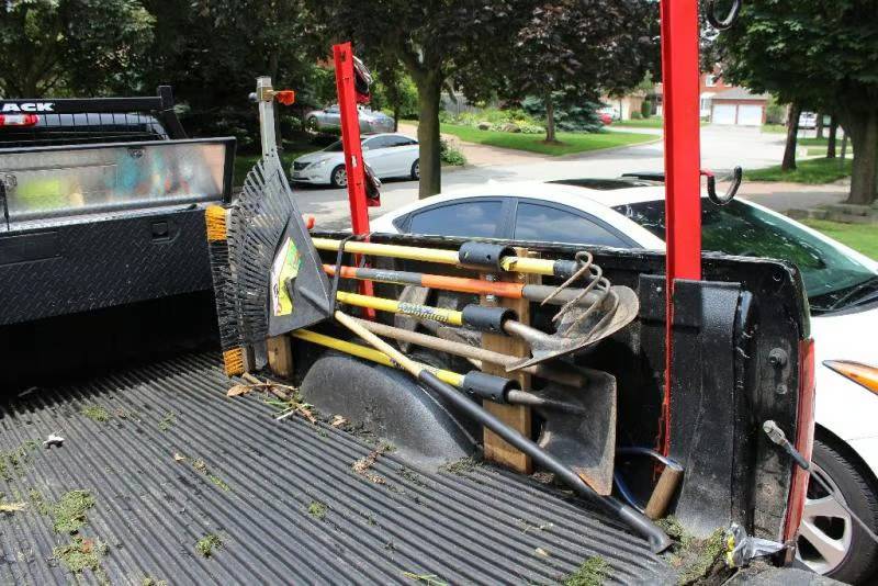 DIY truck bed lawn tool rack
