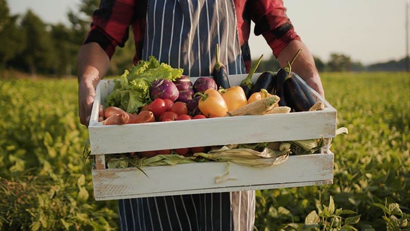 Farmer holding a box of organic vegetables