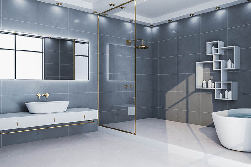Modern loft bathroom with mirror and comfortable bathtub