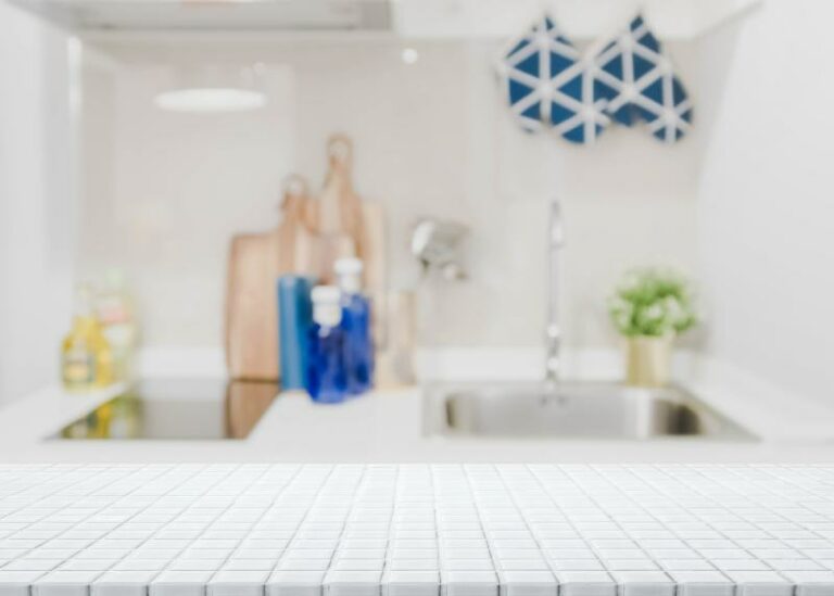 White Ceramic Mosaic Tile Countertop Kitchen Interior BUNDITINAY Shutterstock 768x549 