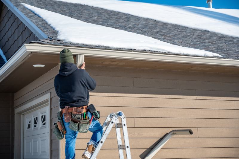Contractor installing gutters or downspout