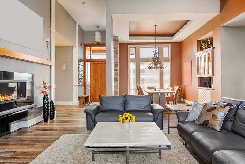 Living Room in Luxury Home with Fireplace, Coffee Table, and Hardwood Floors
