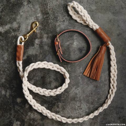 Braided Rope Dog Leash with Leather Details