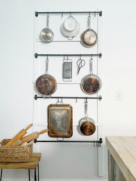 DIY FARMHOUSE KITCHEN POT RACK ORGANIZATION IKEA HACK USING FINTORP RAIL AND S HOOKS