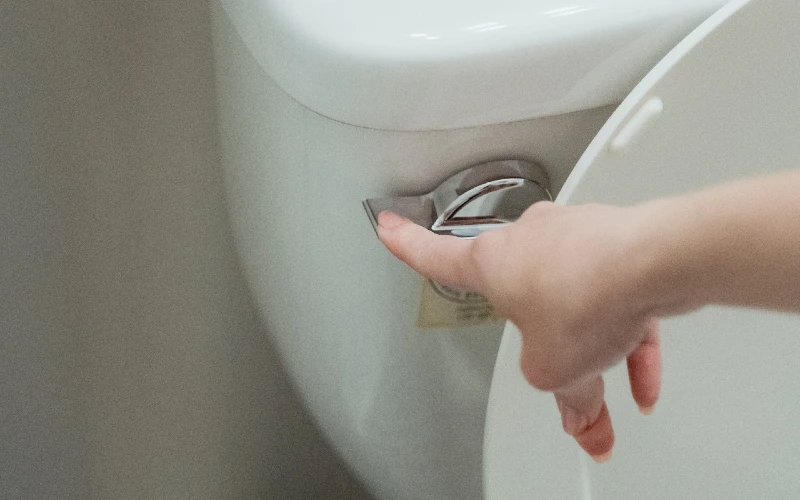 person flushing a toilet