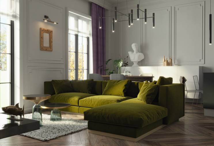 3D rendering. Visualization of the interior of the apartment in a neoclassical style