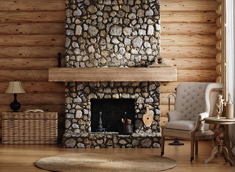 Home mockup, cozy log cabin interior background