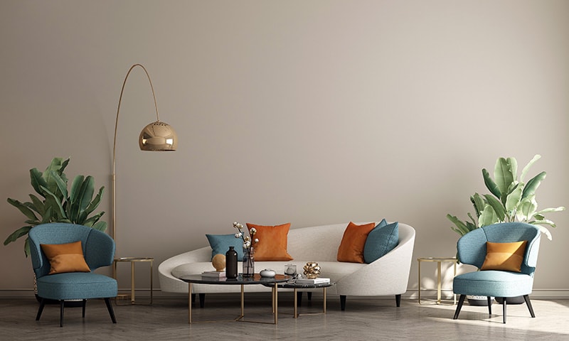 Modern Boho living room interior style. Empty wall mock upp