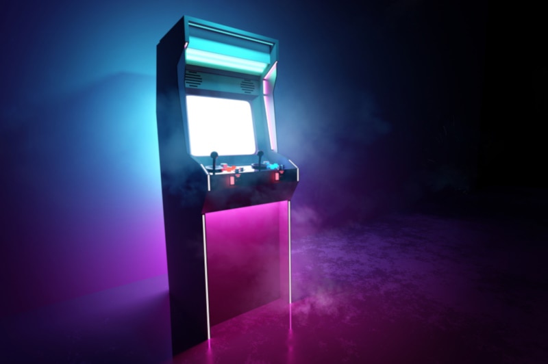 Neon pink and cyan retro games arcade