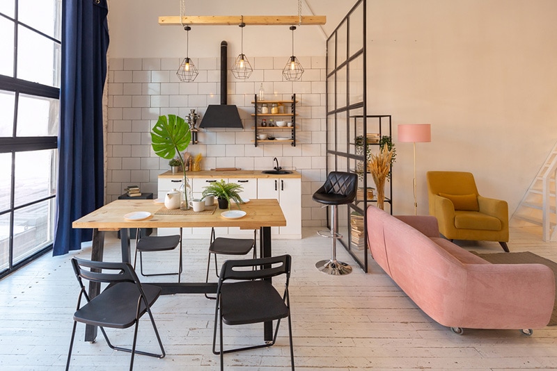 luxury modern design of a cozy small Scandinavian-style studio apartment with white walls
