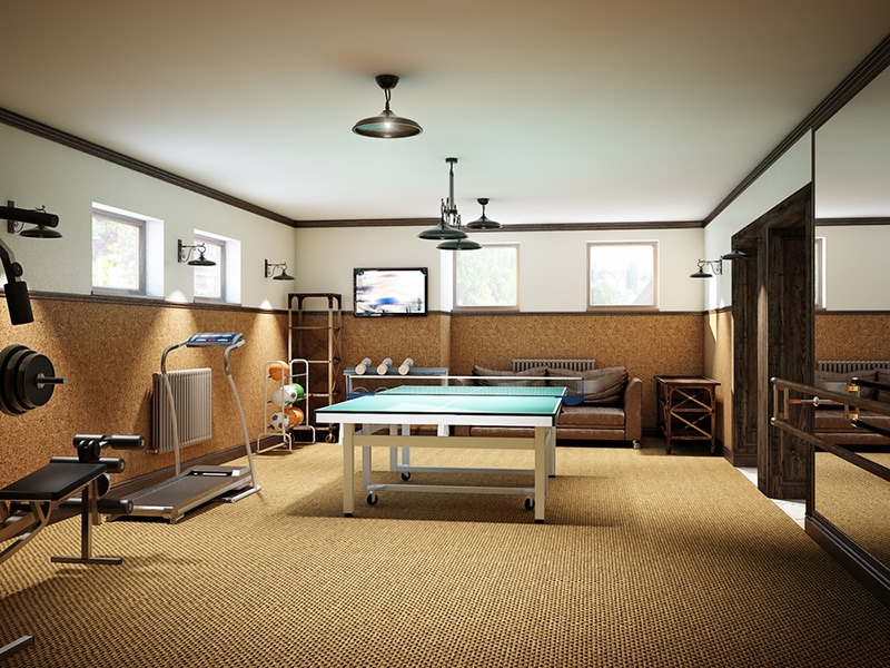 Home gym in the basement with fitness equipment