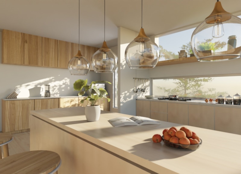 Modern kitchen with warm wood tones