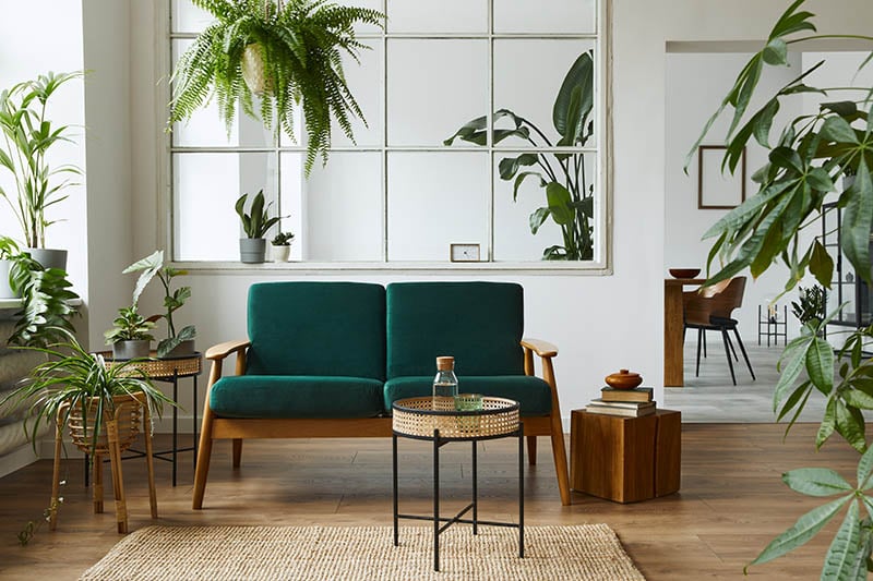 Stylish scandinavian living room interior with green velvet sofa