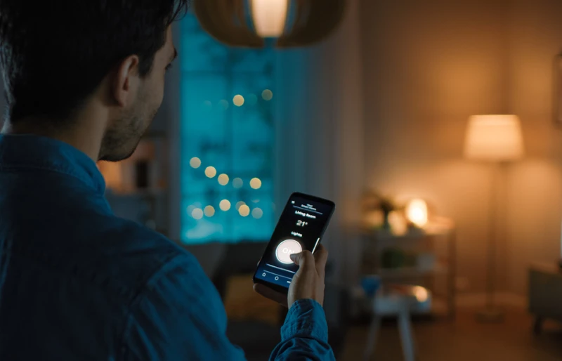 man using his smartphone to control interior lights with a smart home app