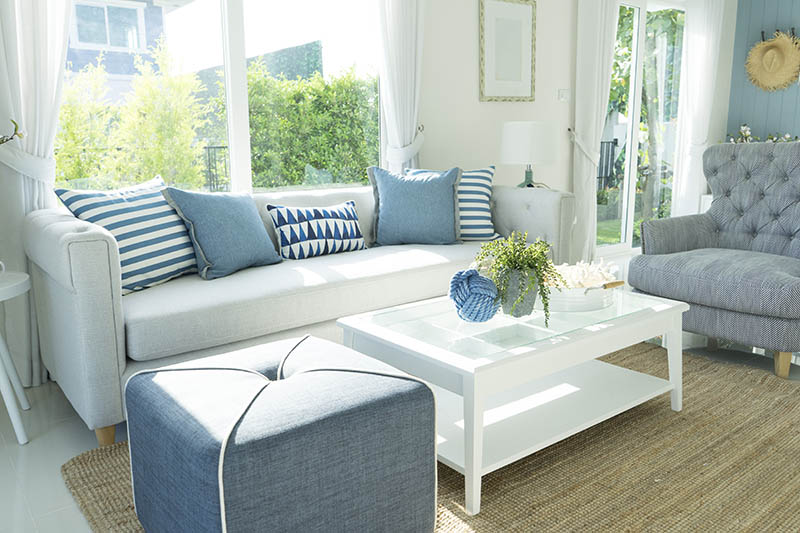 beach blue cushion and sofa of coastal home
