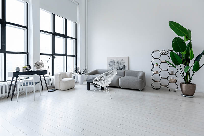 modern minimalistic interior design of light bright monochrome room